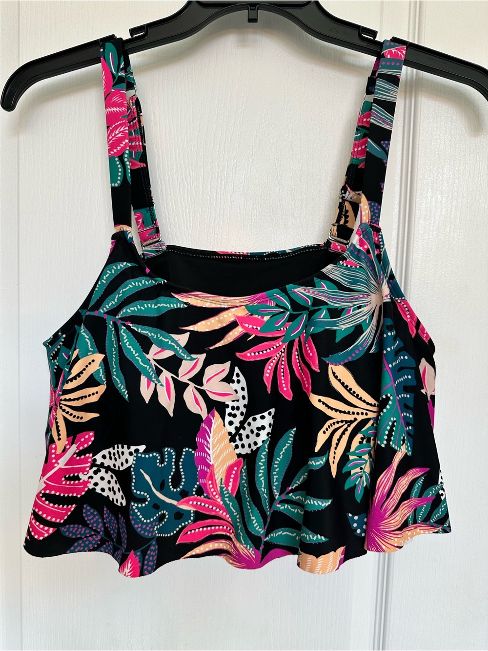 Shapermint Black Tropical Floral Flounce Tank Top with Pink & Teal Accents
